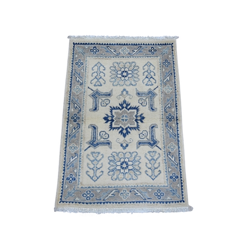 Alabaster White, Vintage Look Kazak with Tribal Design, Hand Knotted, 100% Wool, Natural Dyes, Mat, Sample, Oriental 