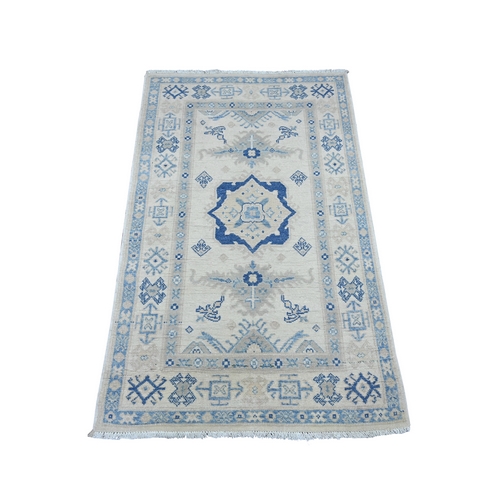 Alabaster White, Vintage Look Kazak with Geometric Medallion, Hand Knotted, 100% Wool, Natural Dyes, Mat, Sample, Oriental 