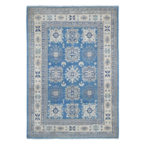 Marlin Blue, Vintage Look Kazak with Geometric Floral Elements, 100% Wool, Hand Knotted, Natural Dyes, Oriental 