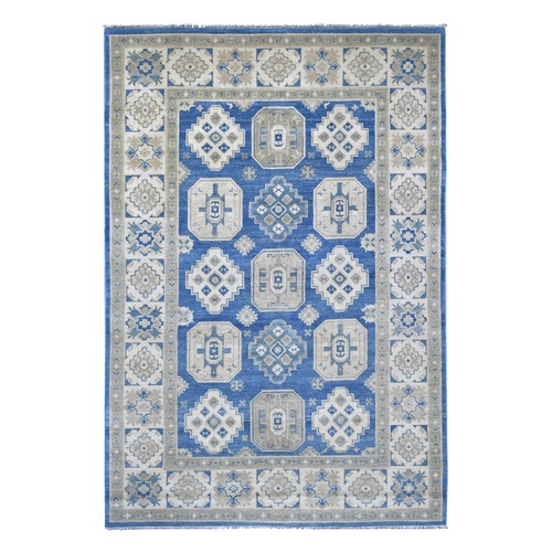 Bayern Blue, Vintage Look Kazak with Geometric Floral Elements, 100% Wool, Hand Knotted, Natural Dyes, Oriental 