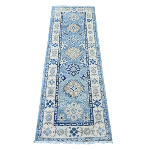 Maya Blue, Vintage Look Kazak with Tribal Medallions, 100% Wool, Hand Knotted, Natural Dyes, Narrow Runner, Oriental 