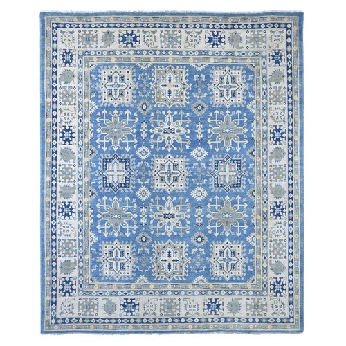 Carolina Blue, Vintage Look Kazak with Geometric Floral Elements, 100% Wool, Hand Knotted, Natural Dyes, Oriental 