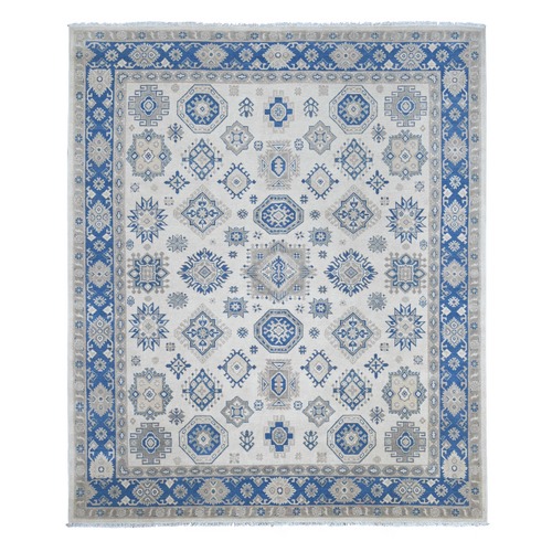 Pearl White, Vintage Look Kazak with Geometric Floral Elements, 100% Wool, Hand Knotted, Natural Dyes, Oriental 