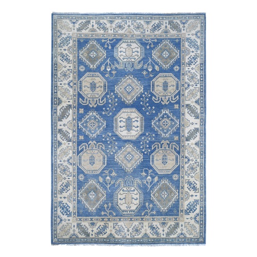 Bayern Blue, Vintage Look Kazak with Tribal Medallions, Hand Knotted, 100% Wool, Natural Dyes, Oriental 