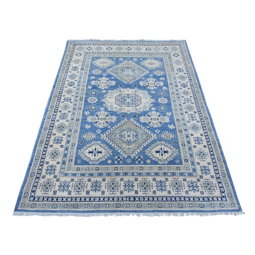 Marlin Blue, Vintage Look Kazak with Geometric Medallions, Hand Knotted, 100% Wool, Natural Dyes, Oriental 