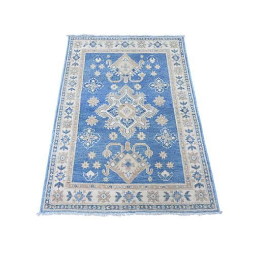 Marlin Blue, Vintage Look Kazak with Geometric Medallions, Hand Knotted, 100% Wool, Natural Dyes, Oriental 