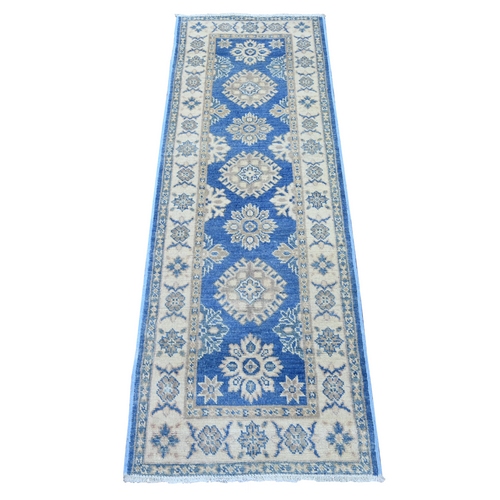 Bayern Blue, Vintage Look Kazak with Tribal Medallions, 100% Wool, Hand Knotted, Natural Dyes, Short and Narrow Runner, Oriental 
