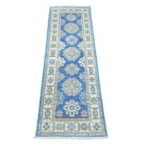 Marlin Blue, Vintage Look Kazak with Tribal Medallions, Hand Knotted, 100% Wool, Natural Dyes, Short and Narrow Runner, Oriental 