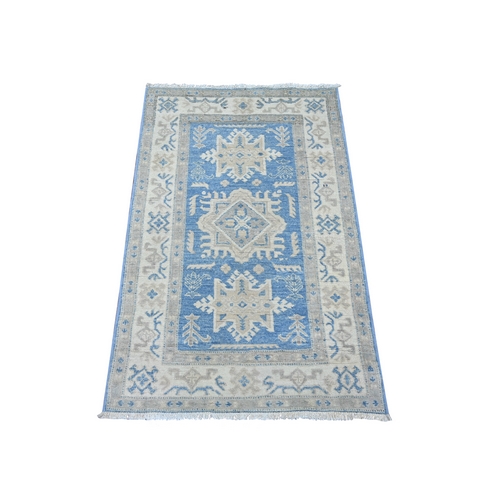Marlin Blue, Vintage Look Kazak with Geometric Medallions, Hand Knotted, 100% Wool, Natural Dyes, Oriental 