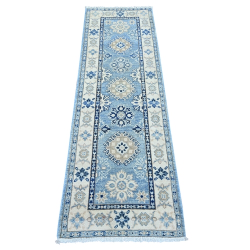 Maya Blue, Vintage Look Kazak with Tribal Medallions, Hand Knotted, 100% Wool, Natural Dyes, Narrow Runner, Oriental 