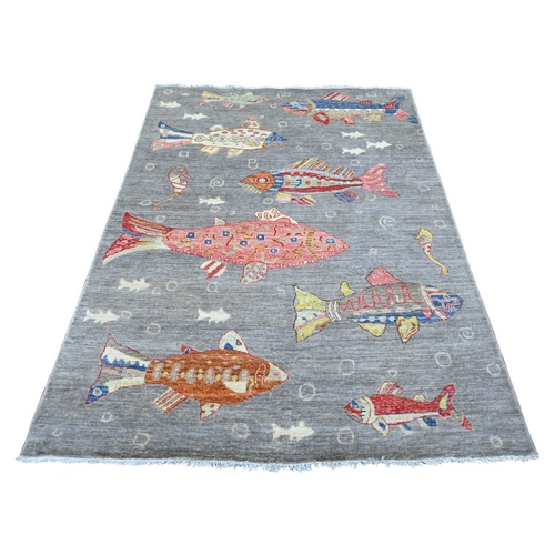 Misty Gray, Afghan Peshawar with Colorful Oceanic Fish Design, Soft and Velvety Wool, Hand Knotted, Oriental 