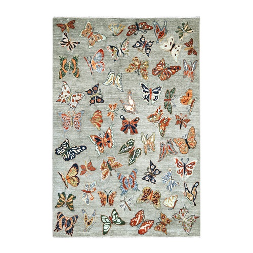 Light Gray, Afghan Peshawar with Colorful Butterfly Design, Hand Knotted, Soft and Velvety Wool, Oriental 