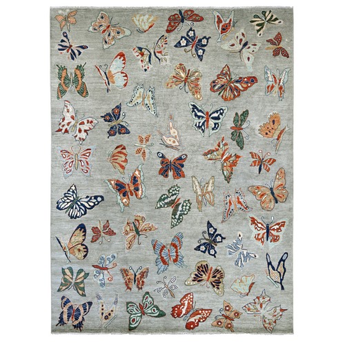 Light Gray, Afghan Peshawar with Colorful Butterfly Design, Soft and Velvety Wool, Hand Knotted, Oriental 