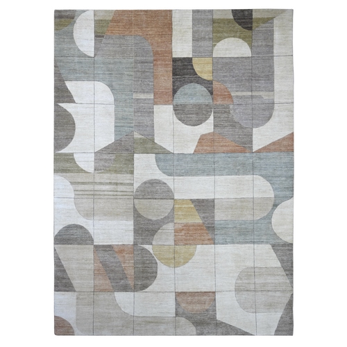Ivory with Brown, Bauhaus Inspired Art Deco, Modern Design, Hand Knotted, 100% Wool, Oriental 