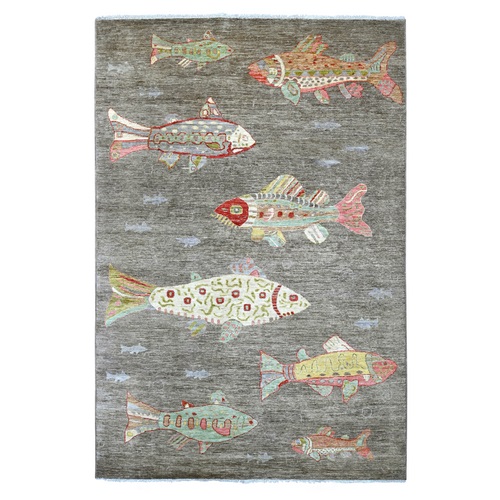 Stone Gray, Afghan Peshawar with Colorful Oceanic Fish Design, Hand Knotted, Soft and Velvety Wool, Oriental 