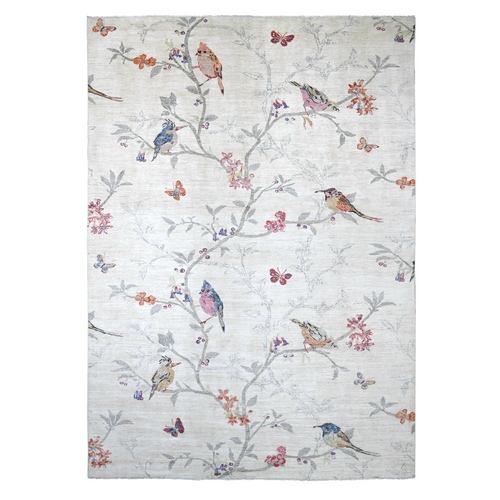 Chiffon White, Sparrows on the Tree, Peshawar, High Mountain Wool, Finely Hand Knotted, Soft to the Touch, Oriental 