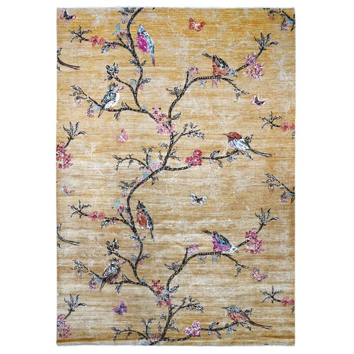 Copper Brown, Sparrows on the Tree, Peshawar, Finely Hand Knotted, High Mountain Wool, Soft to the Touch, Oriental 