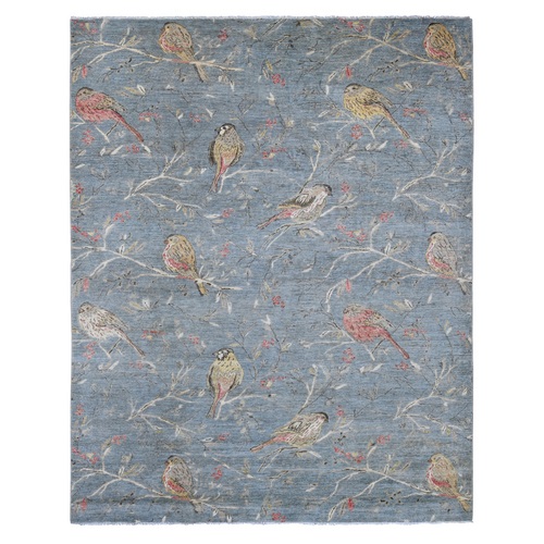 Misty Gray, Sparrows on the Tree, Peshawar, Soft to the Touch, Finely Hand Knotted, High Mountain Wool, Oriental 