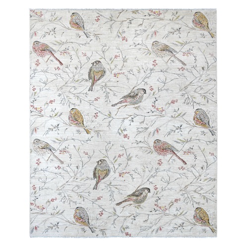 Alabaster White, Sparrows on the Tree, Peshawar, High Mountain Wool, Finely Hand Knotted, Soft to the Touch, Oriental 