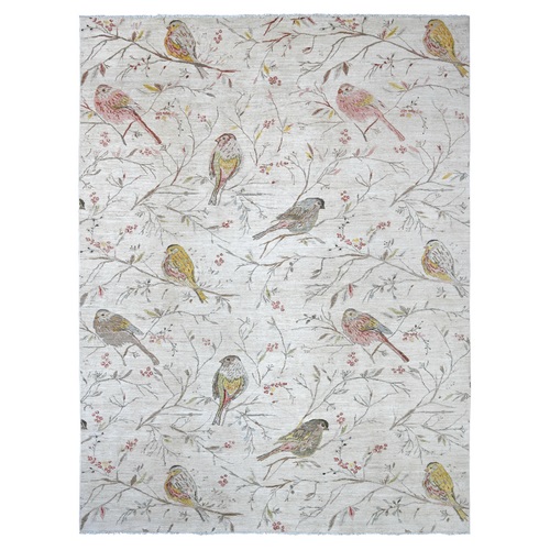 Alabaster White, Finely Hand Knotted, Sparrows on the Tree, Peshawar, High Mountain Wool, Soft to the Touch, Oriental 