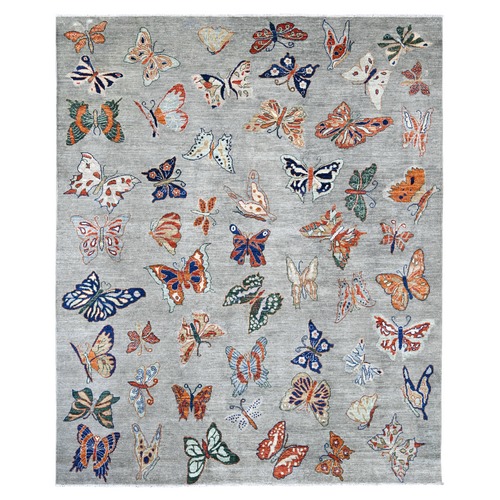 Light Gray, Afghan Peshawar with Colorful Butterfly Design, Soft and Velvety Wool, Hand Knotted, Oriental 