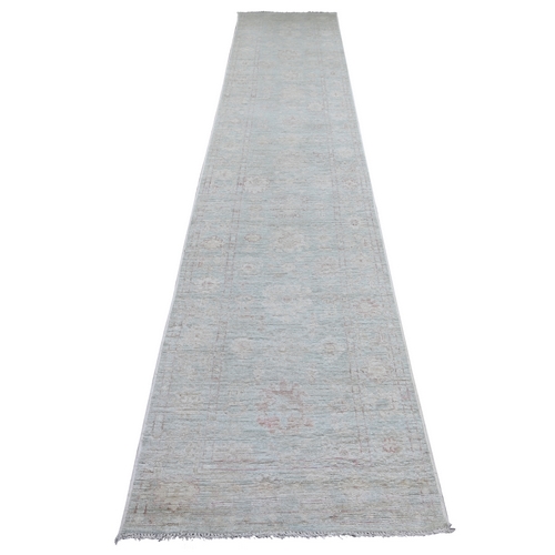 Beau Blue, Afghan Angora Oushak with Faded Out Leaf Design, Hand Knotted, 100% Wool, Natural Dyes, Runner, Oriental 