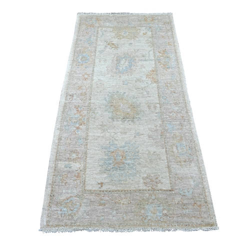 Light Gray, Afghan Angora Oushak with All Over Leaf Design, Hand Knotted, 100% Wool, Vegetable Dyes, Runner, Oriental 