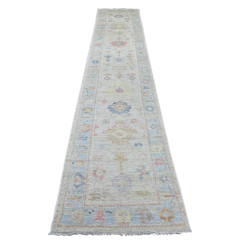 Light Gray, Afghan Angora Oushak with All Over Leaf Design, Hand Knotted, 100% Wool, Vegetable Dyes, Runner, Oriental 