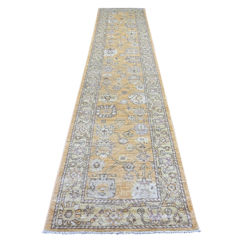 Golden Brown, Hand Knotted, Afghan Angora Oushak with All Over Leaf Design, 100% Wool, Natural Dyes, Runner, Oriental 