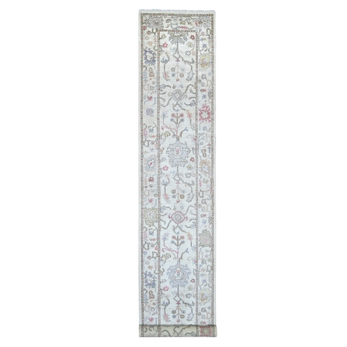Daisy White, Afghan Angora Oushak with All Over Leaf Design, Hand Knotted, 100% Wool, Vegetable Dyes, XL Runner, Oriental 