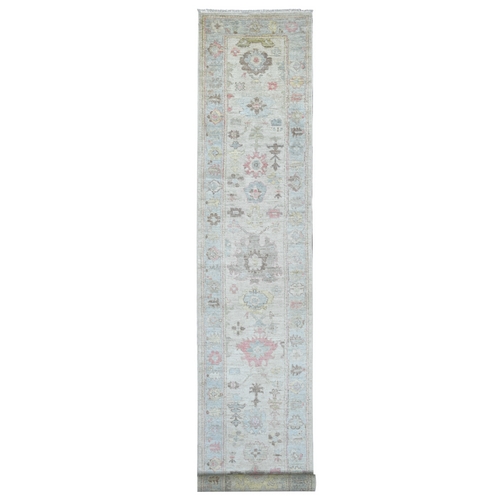 Oyster Gray, Hand Knotted, Afghan Angora Oushak with All Over Leaf Design, 100% Wool, Vegetable Dyes, XL Runner, Oriental 