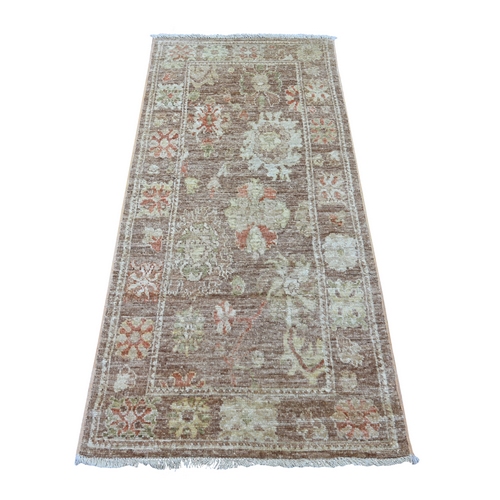 Cedar Brown, Afghan Angora Oushak with All Over Leaf Design, Hand Knotted, 100% Wool, Vegetable Dyes, Runner, Oriental 