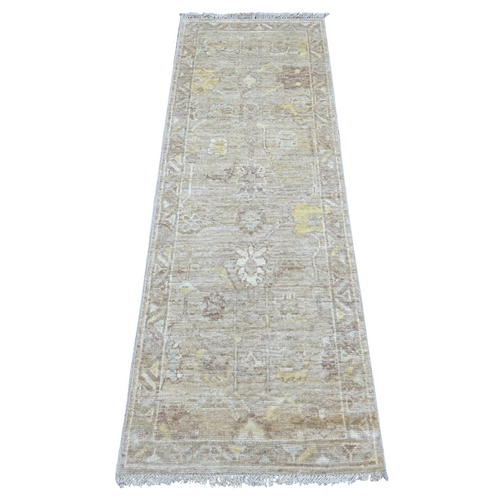 Light Brown, Afghan Angora Oushak with All Over Leaf Design, 100% Wool, Hand Knotted, Vegetable Dyes, Narrow Runner, Oriental 