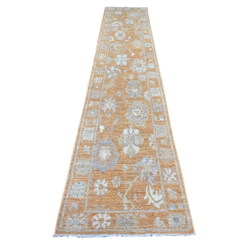 Golden Brown, Hand Knotted, Afghan Angora Oushak with All Over Leaf Design, 100% Wool, Vegetable Dyes, Runner, Oriental 