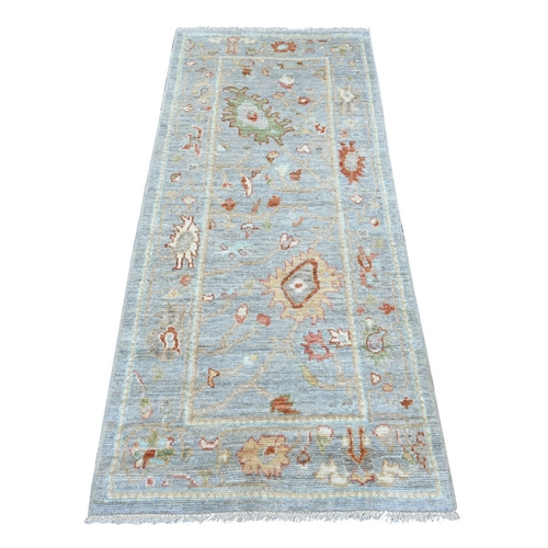 Light Blue, Hand Knotted, Afghan Angora Oushak with All Over Leaf Design, 100% Wool, Vegetable Dyes, Runner, Oriental 