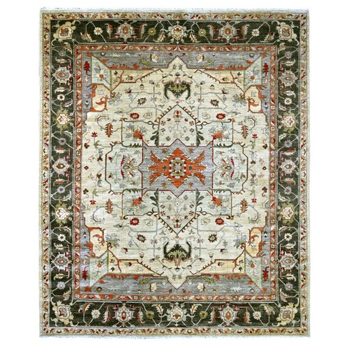 Oyster White, Peshawar with Serapi Heriz Medallion Design, Hand Knotted, High Mountain Wool, Densely Woven, Oriental 