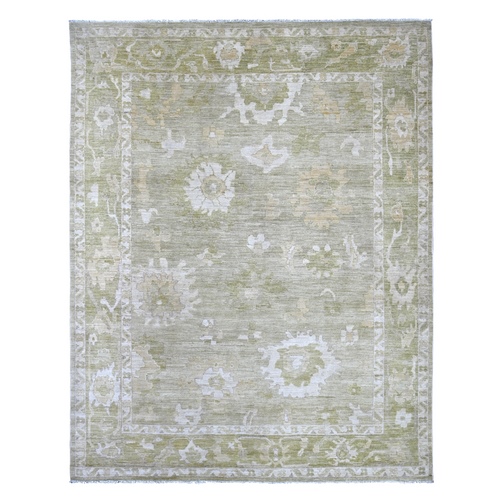 Laurel Green, Afghan Angora Oushak with All Over Leaf Design, Hand Knotted, 100% Wool, Vegetable Dyes, Oriental 