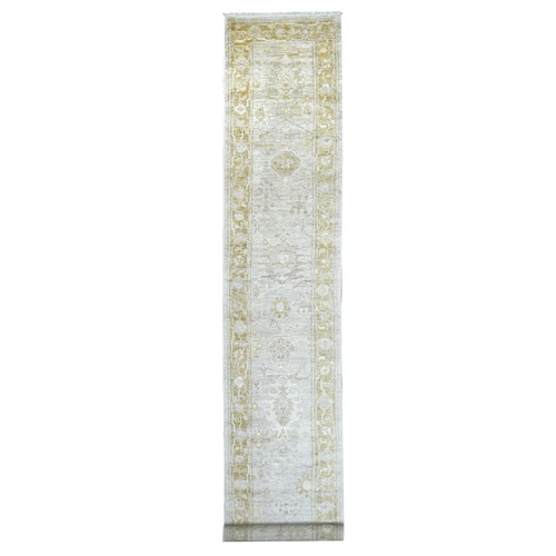 Light Gray, Afghan Angora Oushak with All Over Leaf Design, Hand Knotted, 100% Wool, Vegetable Dyes, XL Runner, Oriental 