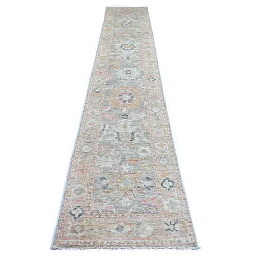 Stone Gray, Afghan Angora Oushak with Large Leaf Design, Hand Knotted, 100% Wool, Natural Dyes, XL Runner, Oriental 