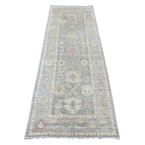 Spanish Gray, Afghan Angora Oushak with All Over Leaf Design, Hand Knotted, 100% Wool, Vegetable Dyes, Runner, Oriental 