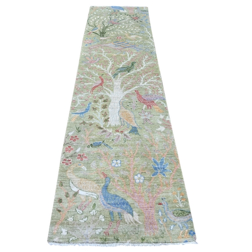 Laurel Green, Afghan Peshawar with Birds of Paradise Design, Hand Knotted, Soft Wool, Vegetable Dyes, Runner, Oriental 