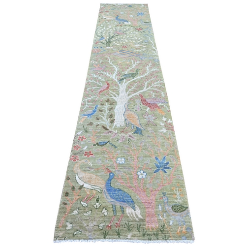 Laurel Green, Afghan Peshawar with Birds of Paradise Design, Hand Knotted, Soft Wool, Vegetable Dyes, Runner, Oriental 