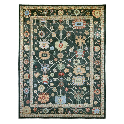 Charleston Green, Afghan Angora Oushak with Colorful Leaf Design, Hand Knotted, 100% Wool, Vegetable Dyes, XL, Oversized, Oriental 