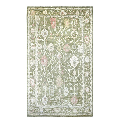 Moss Green, Afghan Angora Oushak with All Over Leaf Design, Hand Knotted, 100% Wool, Vegetable Dyes, Oriental 