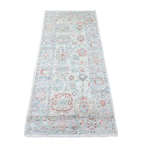 Light Gray, Hand Knotted, Afghan Angora Oushak with Colorful Leaf Design, 100% Wool, Vegetable Dyes, Runner, Oriental 