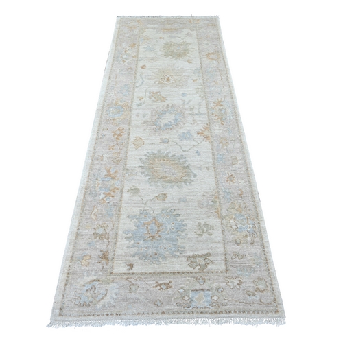 Light Gray, Hand Knotted, Afghan Angora Oushak with Large Leaf Design, 100% Wool, Vegetable Dyes, Runner, Oriental 