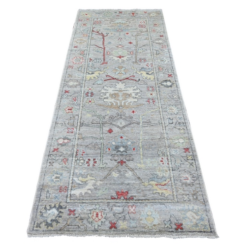 Spanish Gray, Hand Knotted, Afghan Angora Oushak with All Over Leaf Design, 100% Wool, Natural Dyes, Wide Runner, Oriental 