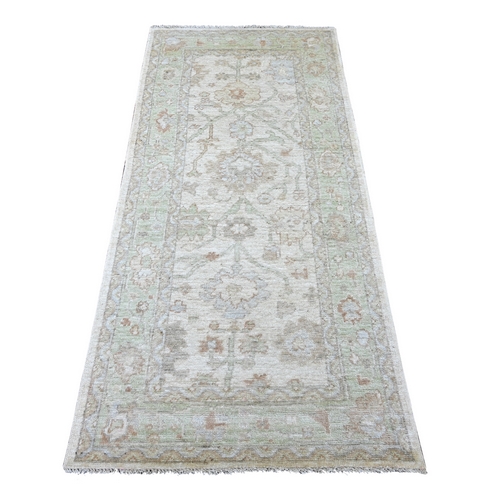 Oyster White, Hand Knotted, Afghan Angora Oushak with All Over Leaf Design, 100% Wool, Natural Dyes, Runner, Oriental 