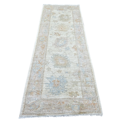 Oyster White, Hand Knotted, Afghan Angora Oushak with Large Leaf Design, 100% Wool, Vegetable Dyes, Runner, Oriental 