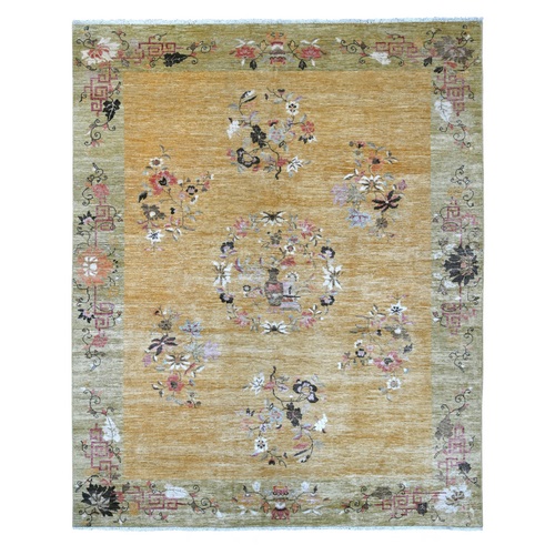 Golden Brown, Chinese Art Deco Inspired Peshawar, Soft and Velvety Wool, Vegetable Dyes, Hand Knotted, Oriental 